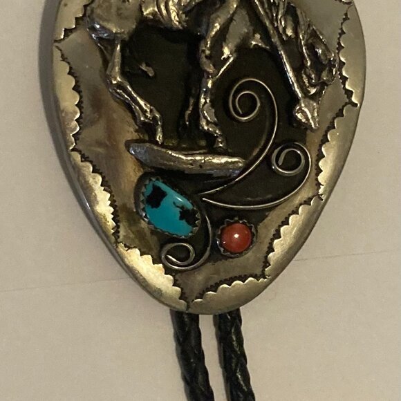 Vintage Metal Bolo Tie, Nice Silver and Turquoise, Cowboy...